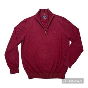 - Tommy Hilfiger Men’s Red Quarter Zip Pullover Mock Turtleneck Sweater Si…
